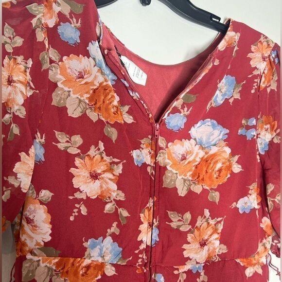 B DARLIN Juniors' Pleated-Neck Puff-Sleeve Dress Brick Multi New 9/10 - Picture 11 of 15